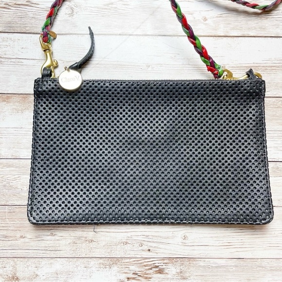 Clare V Wallet Clutch w/Tabs Black Perf and Mini Braided Crossbody Strap - Picture 5 of 7